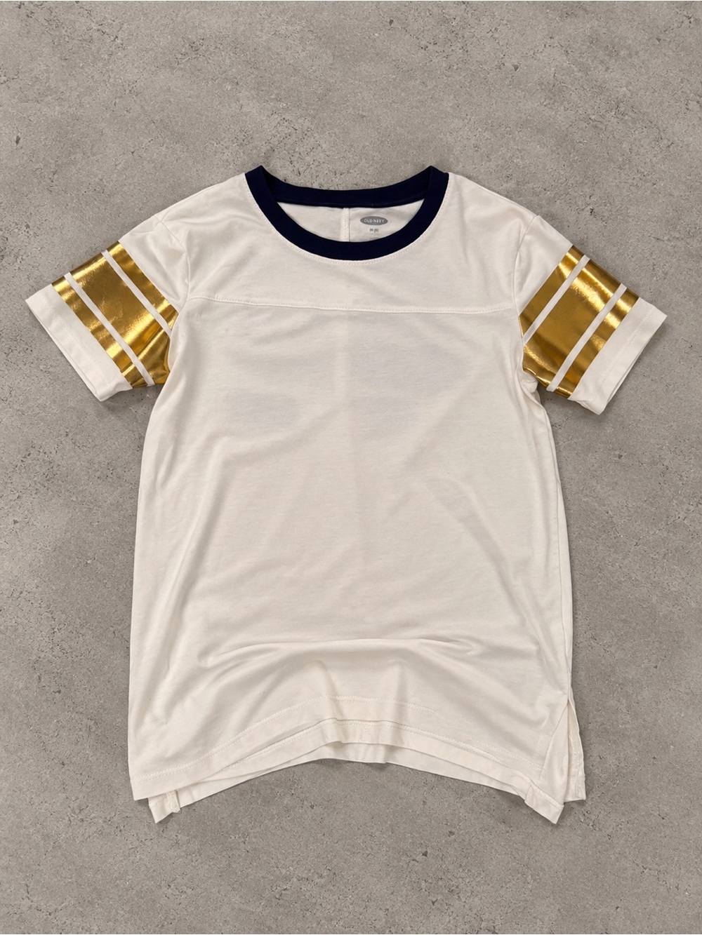 Old Navy White Crewneck Tee with Gold Sleeve Stripes and Navy Trim